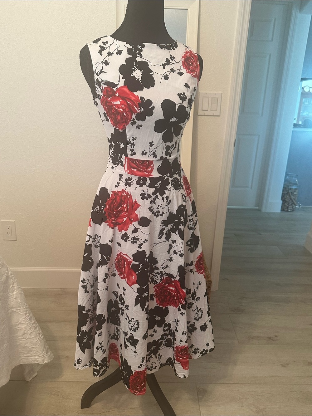 Acevog White Midi Dress with Red & Black Floral Print